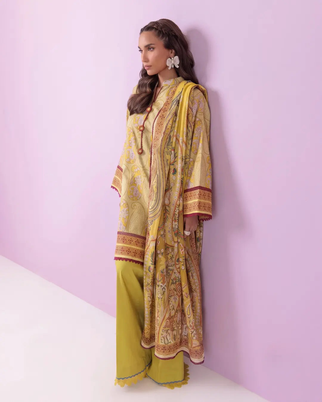 3 Piece Bonanza Satrangi Unstitched Printed Lawn Suit – Mustard Color