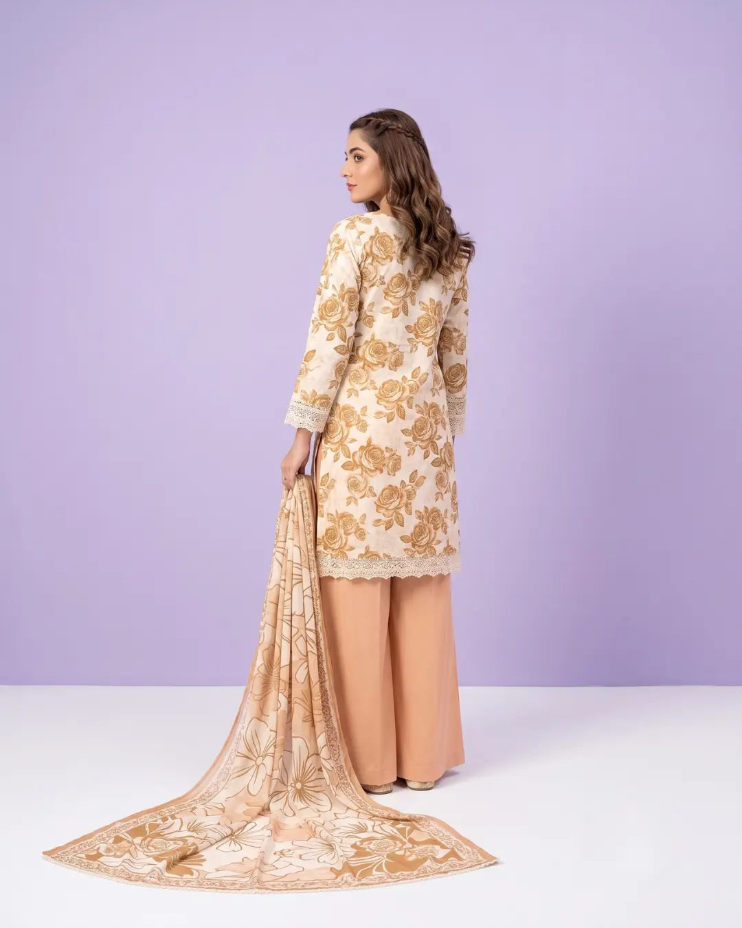 3 Piece Bonanza Satrangi Unstitched Printed Lawn Suit – Peach Color