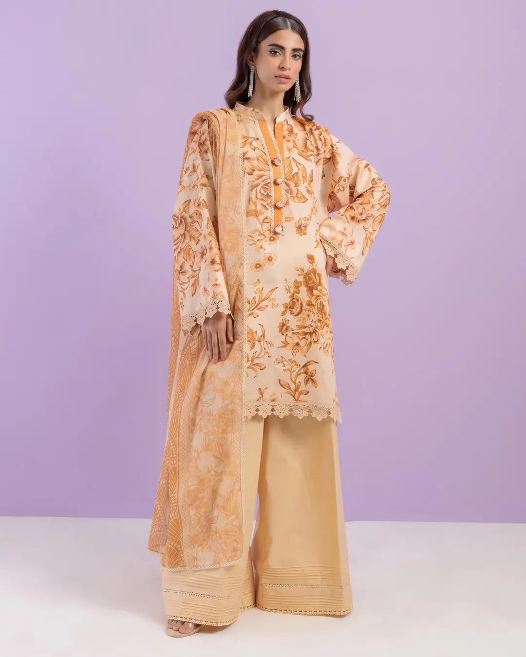 3 Piece Bonanza Satrangi Unstitched Printed Lawn Suit – Peach Color