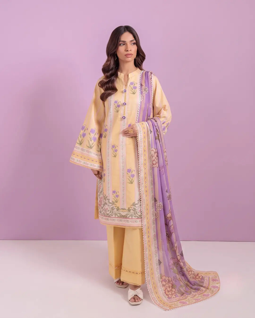 3 Piece Bonanza Satrangi Unstitched Printed Lawn Suit – Peach Color