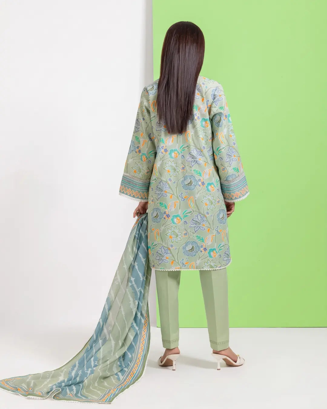 3 Piece Bonanza Satrangi Unstitched Printed Lawn Suit – Sage Green Color