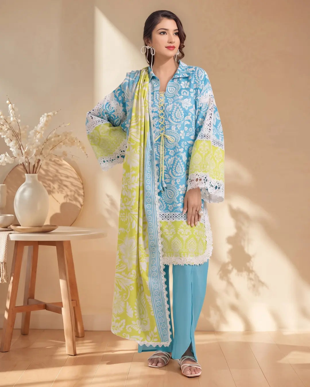 3 Piece Bonanza Satrangi Unstitched Printed Lawn Suit – Sky blue Color