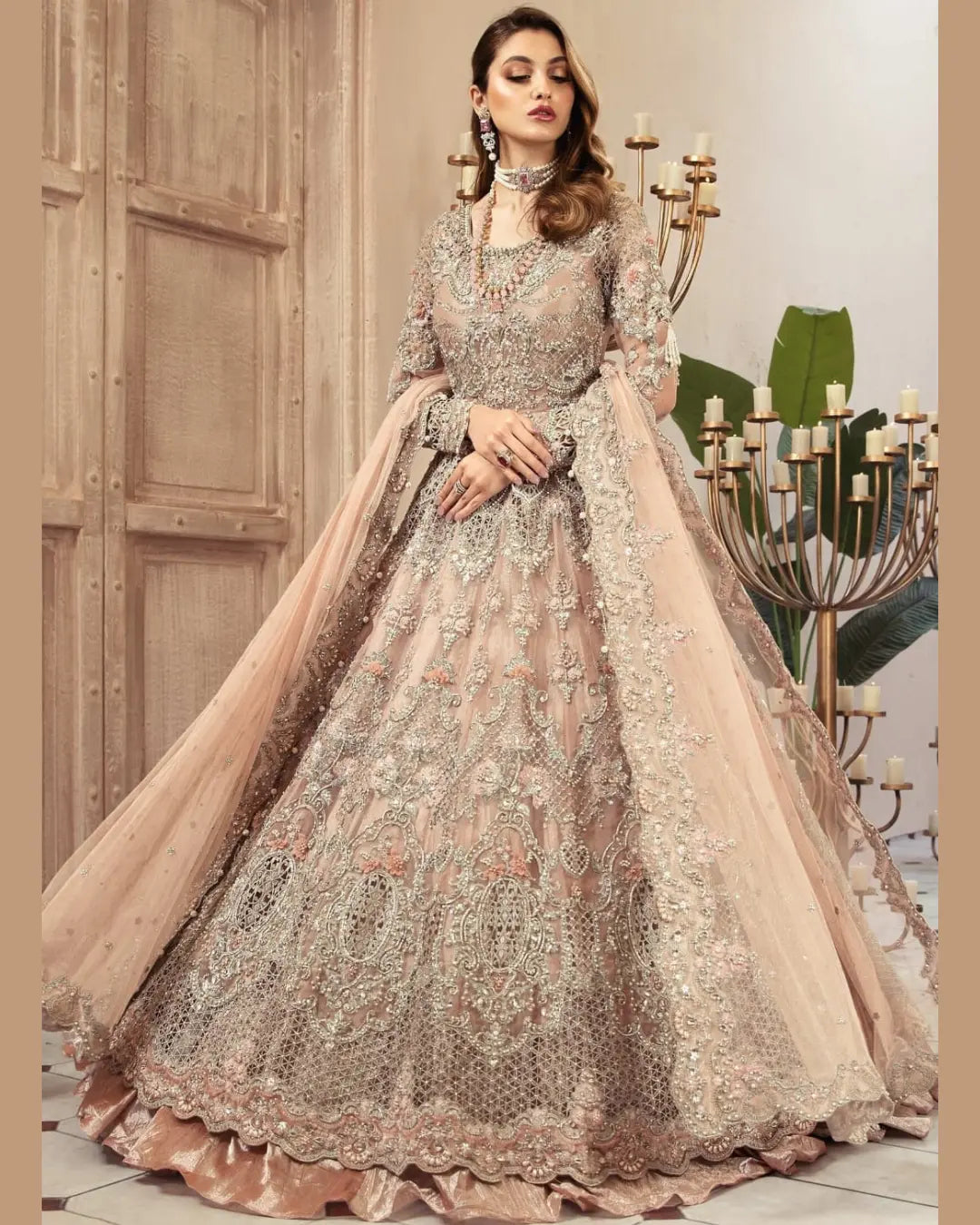 3 Piece MariaB Brand Unstitched Luxury Embroidered Lawn Suit – Peach Color