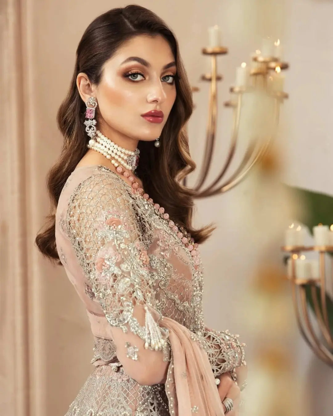 3 Piece MariaB Brand Unstitched Luxury Embroidered Lawn Suit – Peach Color